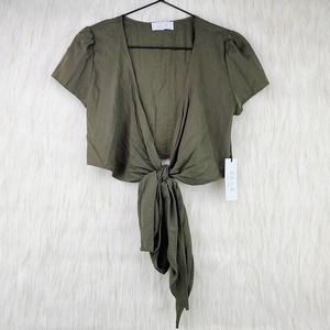 Sage The Label Olive Green Cropped Tie Front Top
